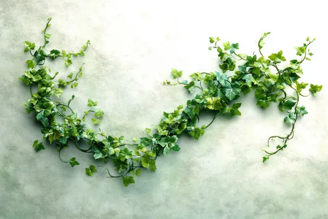 Lush green ivy vine climbing a textured light wall with fresh curled leaves