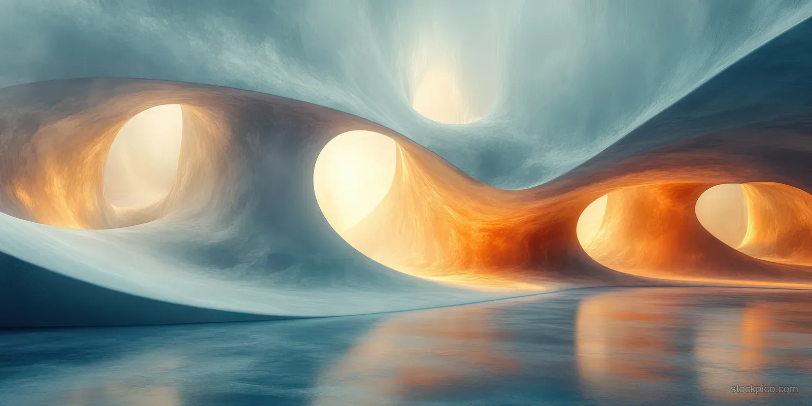 Abstract curved wave shapes with glowing amber and teal orbs create a luminous, reflective background.