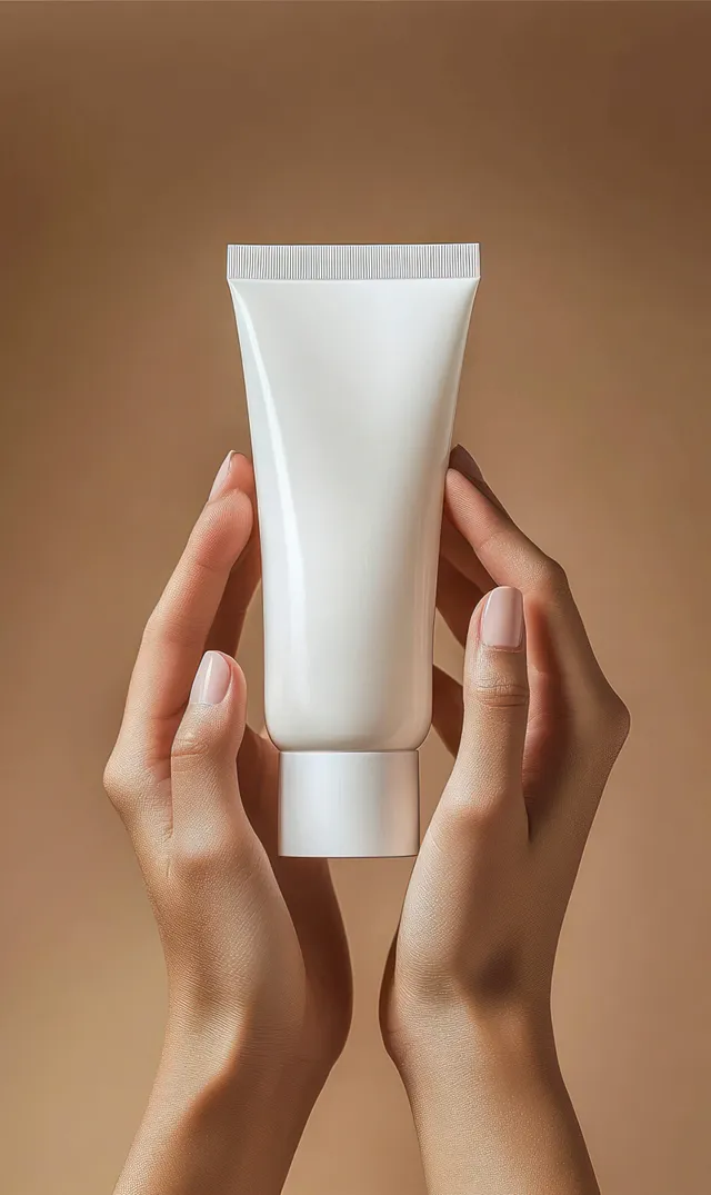 Well-groomed hands hold a blank white cosmetic tube against a warm neutral brown background.