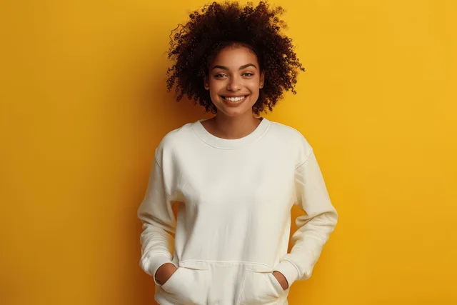 Smiling young woman in white sweatshirt with hands in pockets against bold yellow studio backdrop