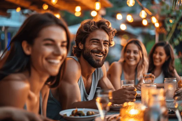 Friends sit at an outdoor table, smiling and laughing as warm string lights glow overhead.