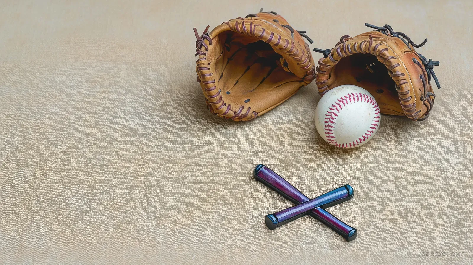 Tan baseball gloves flank a white baseball while two purple-blue bats cross on a textured beige background.
