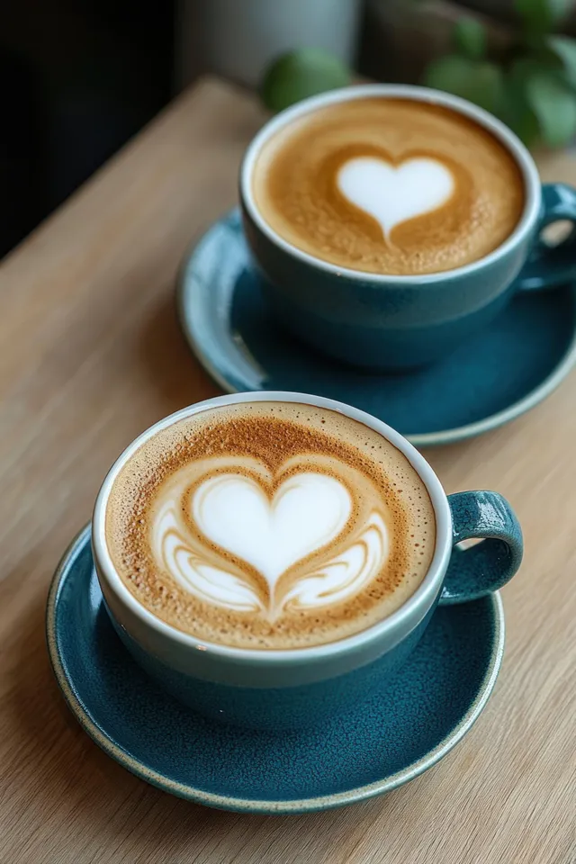 Two blue ceramic espresso cups with heart latte art on warm wooden table