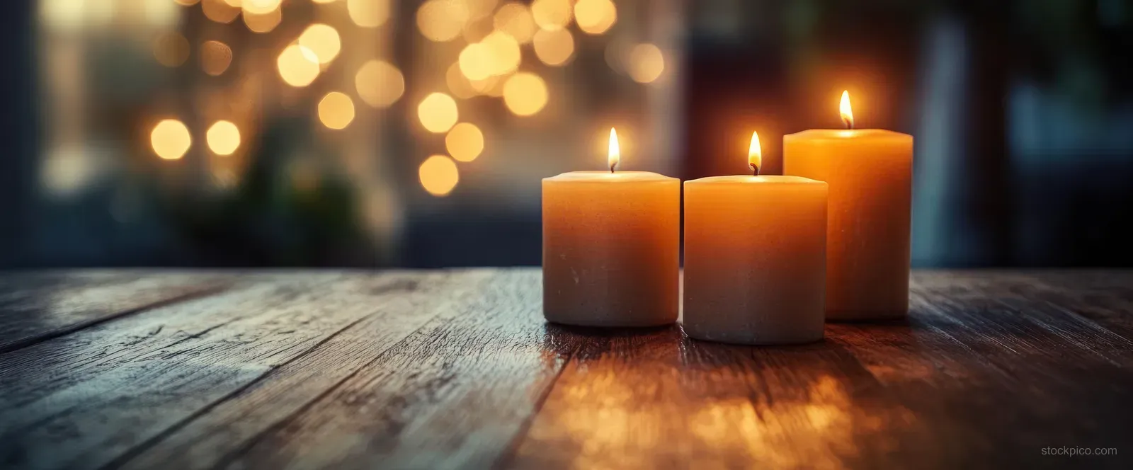 Three lit Christmas candles sit on a wooden table while golden bokeh lights glow in the dark background.
