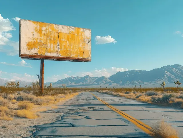 A cracked desert road runs past a weathered blank billboard toward distant mountains.