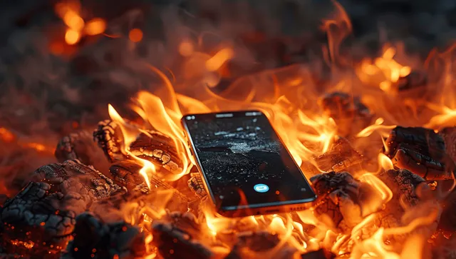 An overheated smartphone burns on glowing coals with flames, smoke, and a cracked screen.