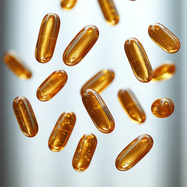Amber softgel capsules with small internal bubbles float in midair against a pale background.