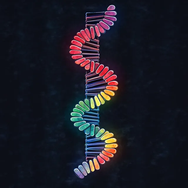 Colorful glowing 3D DNA double helix twisting against dark background