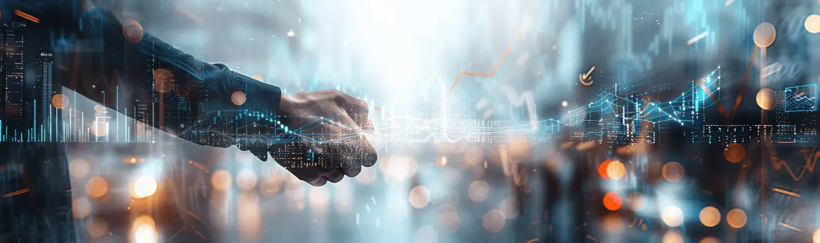 Handshake above glowing financial graphs with floating data points and a global market network background.