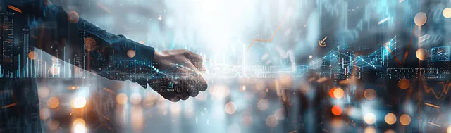 Handshake over financial charts with global business data network and glowing market reports
