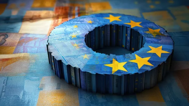 A 3D euro pie chart with EU stars rests on banknotes, suggesting waste and corruption.
