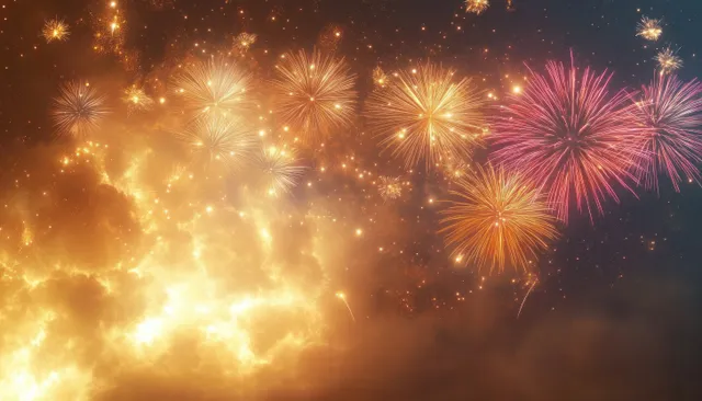Colorful fireworks burst above a golden New Year night sky with glowing smoke clouds.
