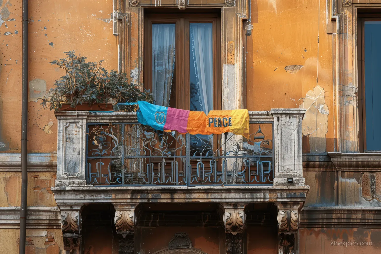 A historic Roman balcony displays a rainbow peace flag above a stone street facade in sunny Rome.
