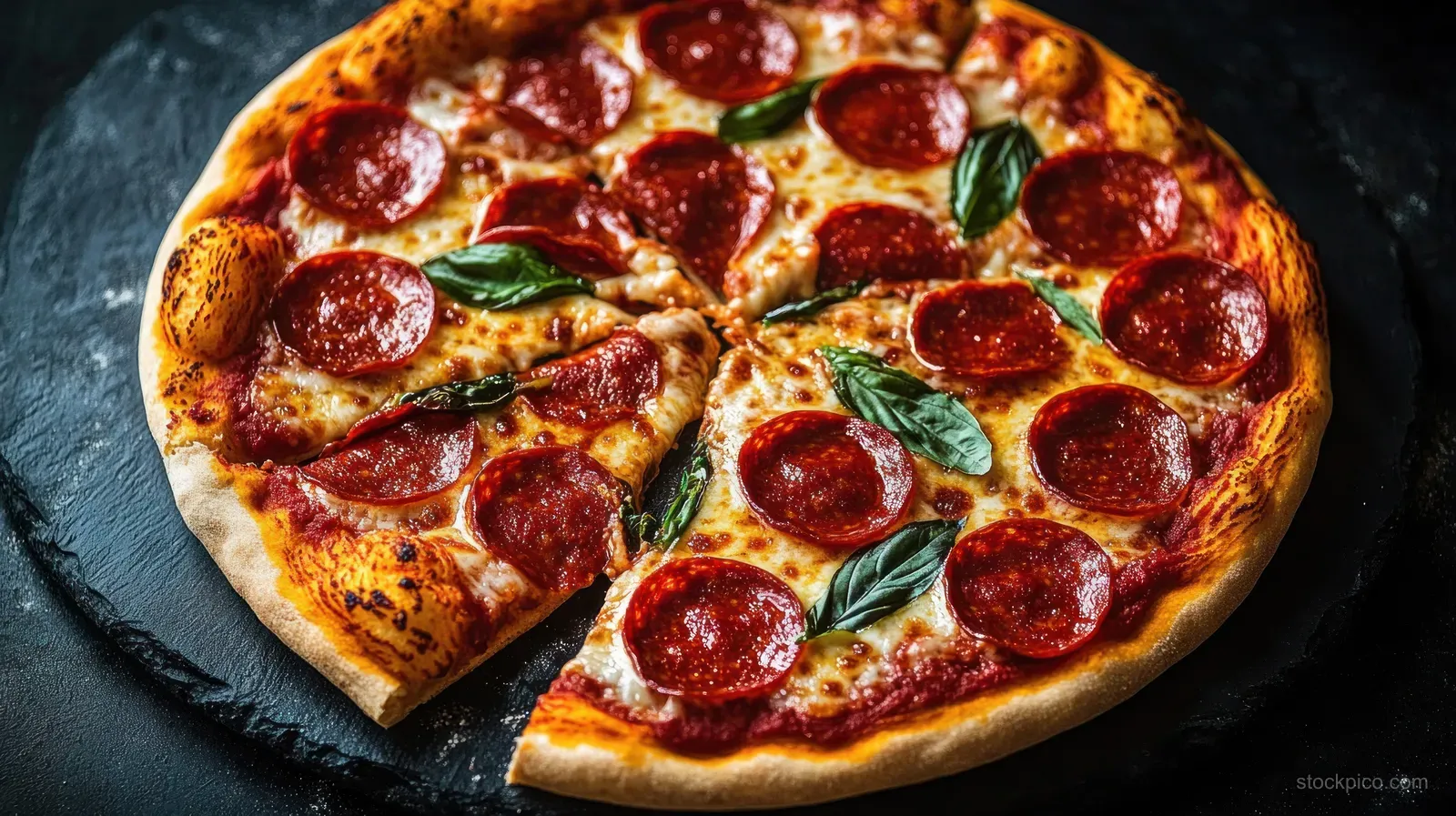 Pepperoni pizza with melted cheese and fresh basil on a rustic black stone tray.