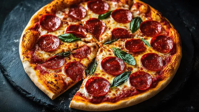 Pepperoni pizza with melted cheese and fresh basil on a rustic black stone tray.