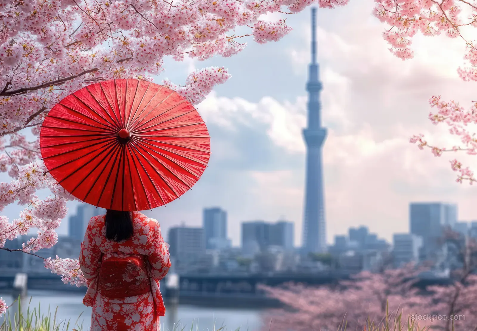 Woman in a floral kimono holds a red parasol under cherry blossoms with a city skyline and tall tower behind.