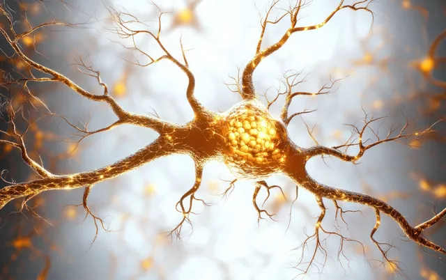 Golden neuron cell body with glowing branched dendrites radiating into a bright blurred background.