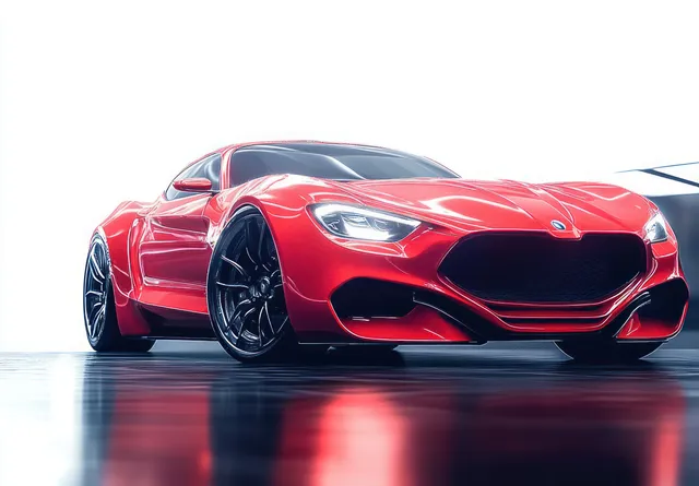 Red sports car front quarter view with bright headlamp highlights and mirrored reflections on a glossy floor.