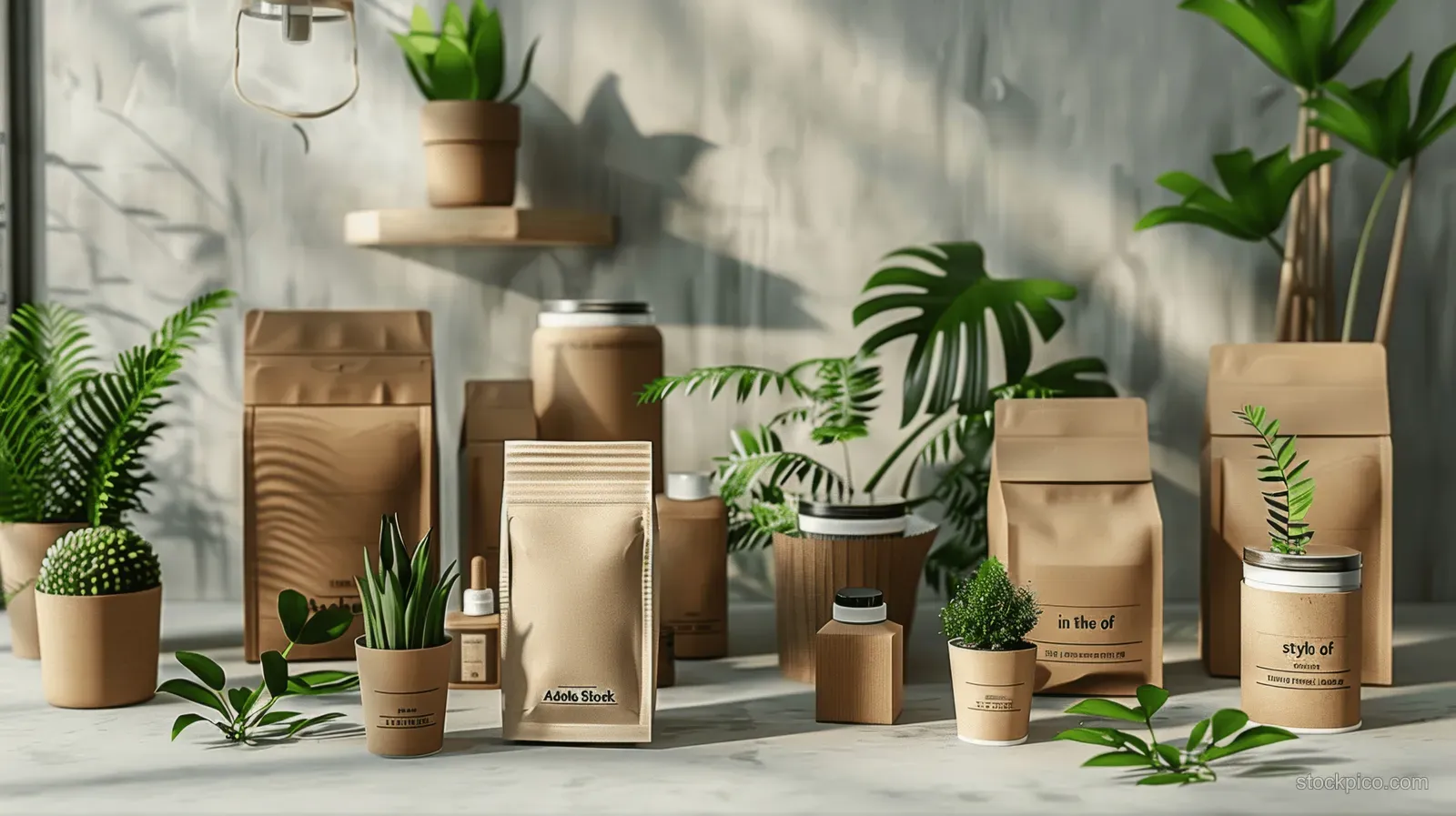 Kraft paper food packages and pouches are displayed on a table with small potted plants in soft sunlight.