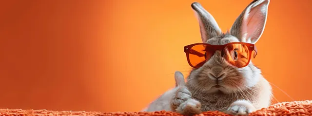 A cheerful Easter bunny in sunglasses smiles and gives a thumbs up against a bright orange background.