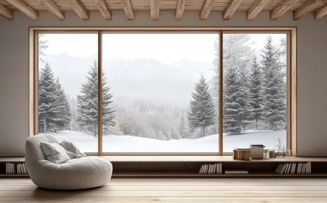Cozy chair in a minimalist winter living room, with a large window showing snowy pine trees.