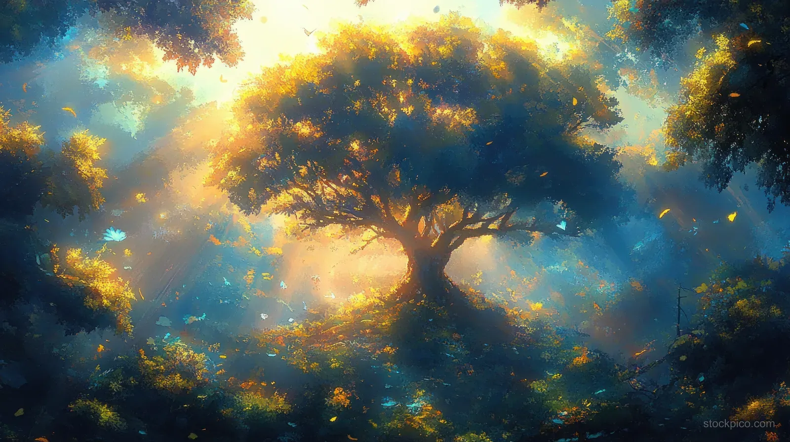 A glowing tree in a misty fantasy forest with golden light rays and floating particles.