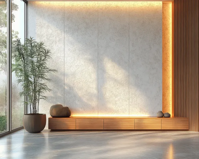 Minimalist room corner with tall potted plant, low wooden cabinet, textured wall, and warm light from a large window.