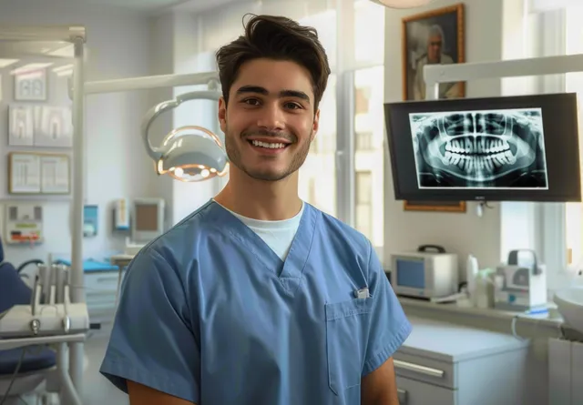 A dentist stands in a dental clinic with a teeth X-ray displayed on a wall monitor behind them.