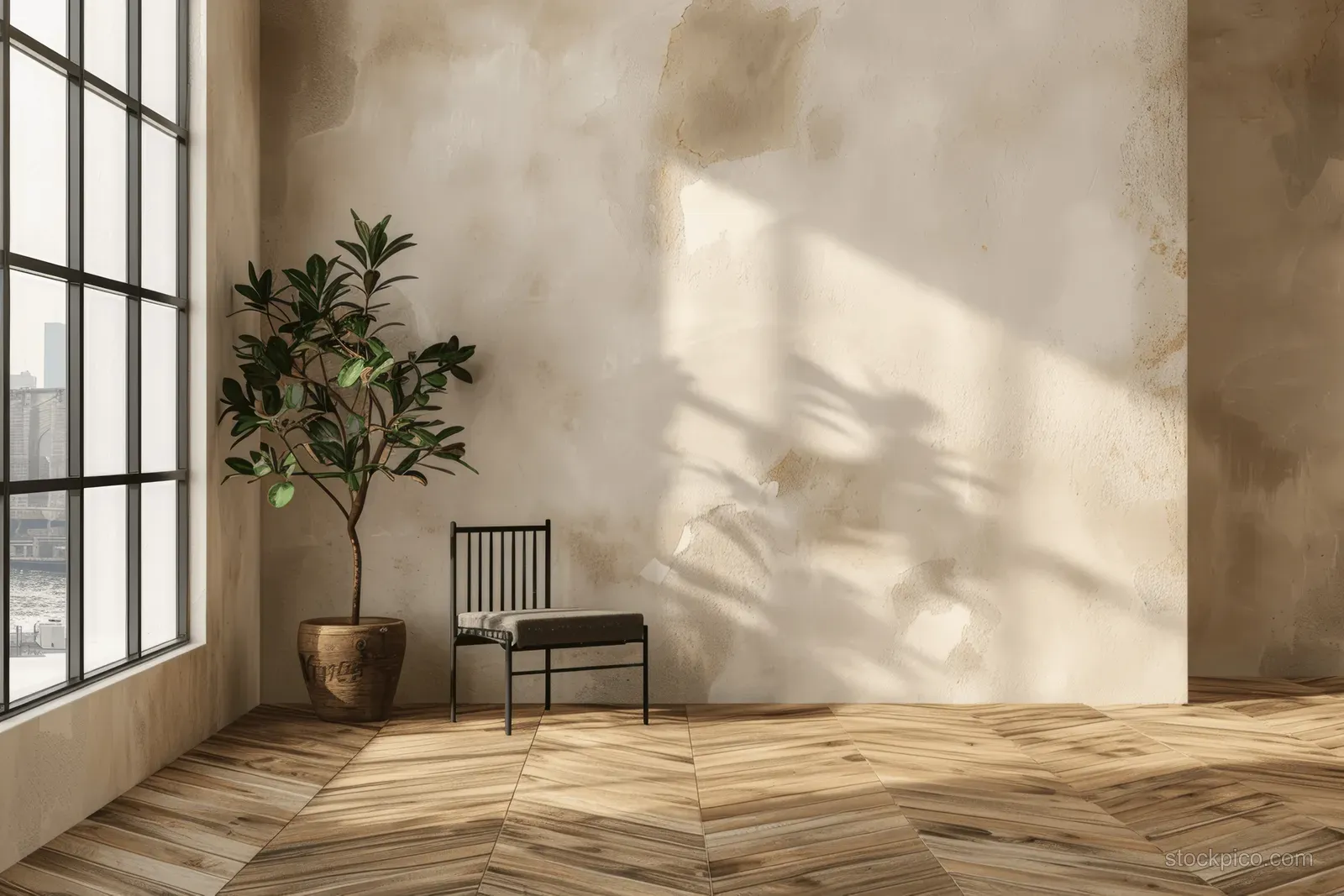 Minimal apartment interior with beige stucco walls, wooden parquet floor, black-framed windows, and a potted plant in the corner.