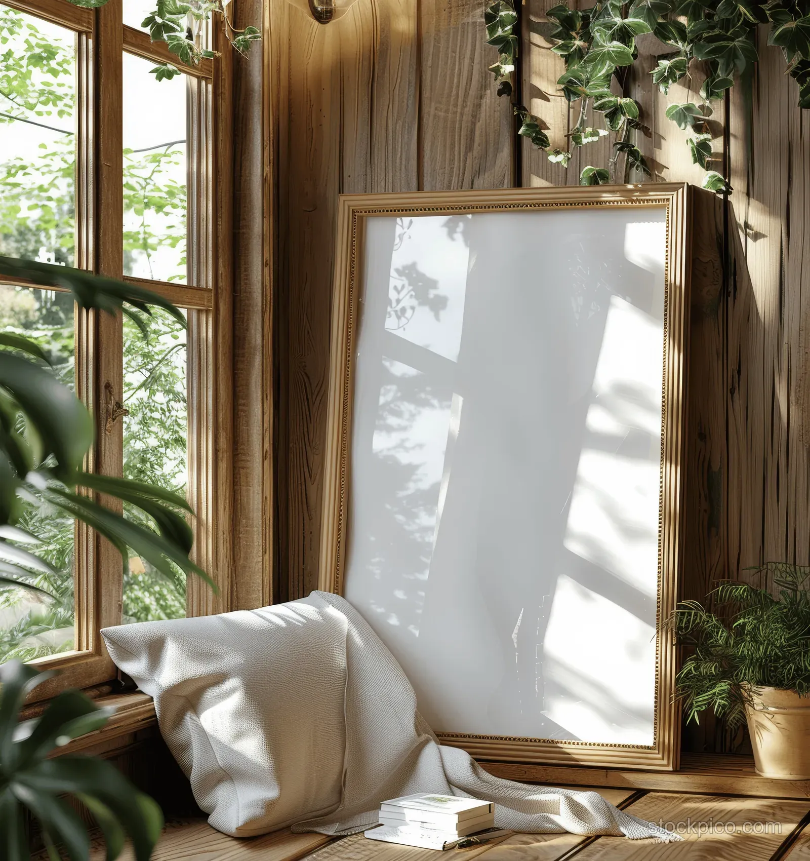 Vertical blank A4 frame mockup leaning on a wooden window sill with cushions and greenery outside.