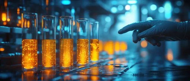 Gloved technician’s hand reaches over rows of glass vials and test tubes on an automated pharmaceutical production line.