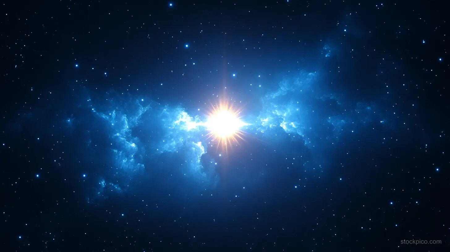 A bright central star shines through blue nebula clouds with many smaller stars scattered across deep space.