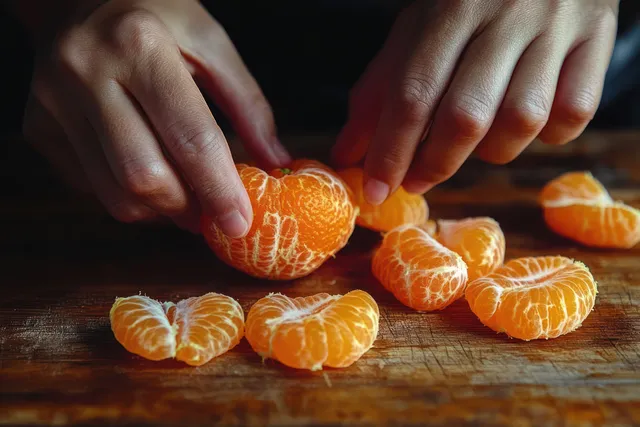 Hands peeling a tangerine over a wooden board with warm natural kitchen light