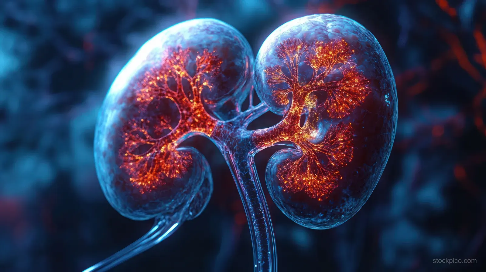 Translucent kidneys with orange glowing internal blood vessels rendered against a dark blue background.