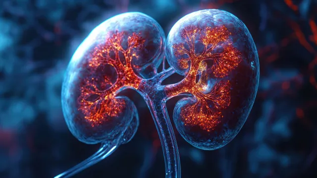 Translucent kidneys with orange glowing internal blood vessels rendered against a dark blue background.