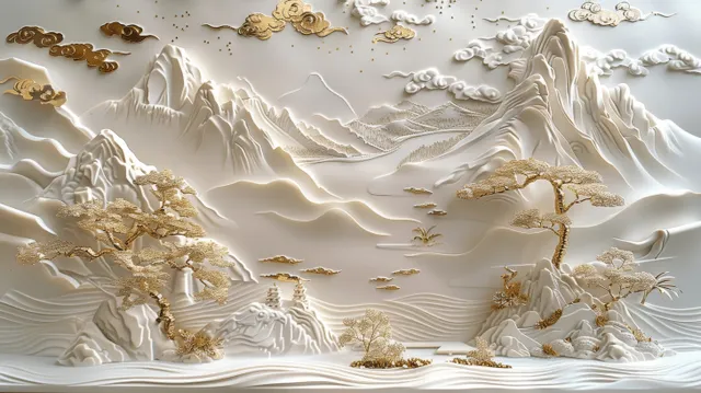 White stucco relief landscape with gold accents, flowing rivers, distant mountains, birds