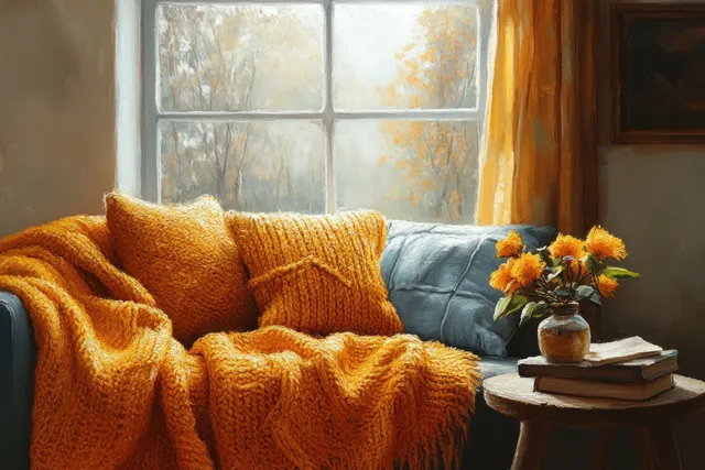 A joyful senior woman relaxes on a cozy sofa in a sunlit living room filled with warmth and inviting textures.