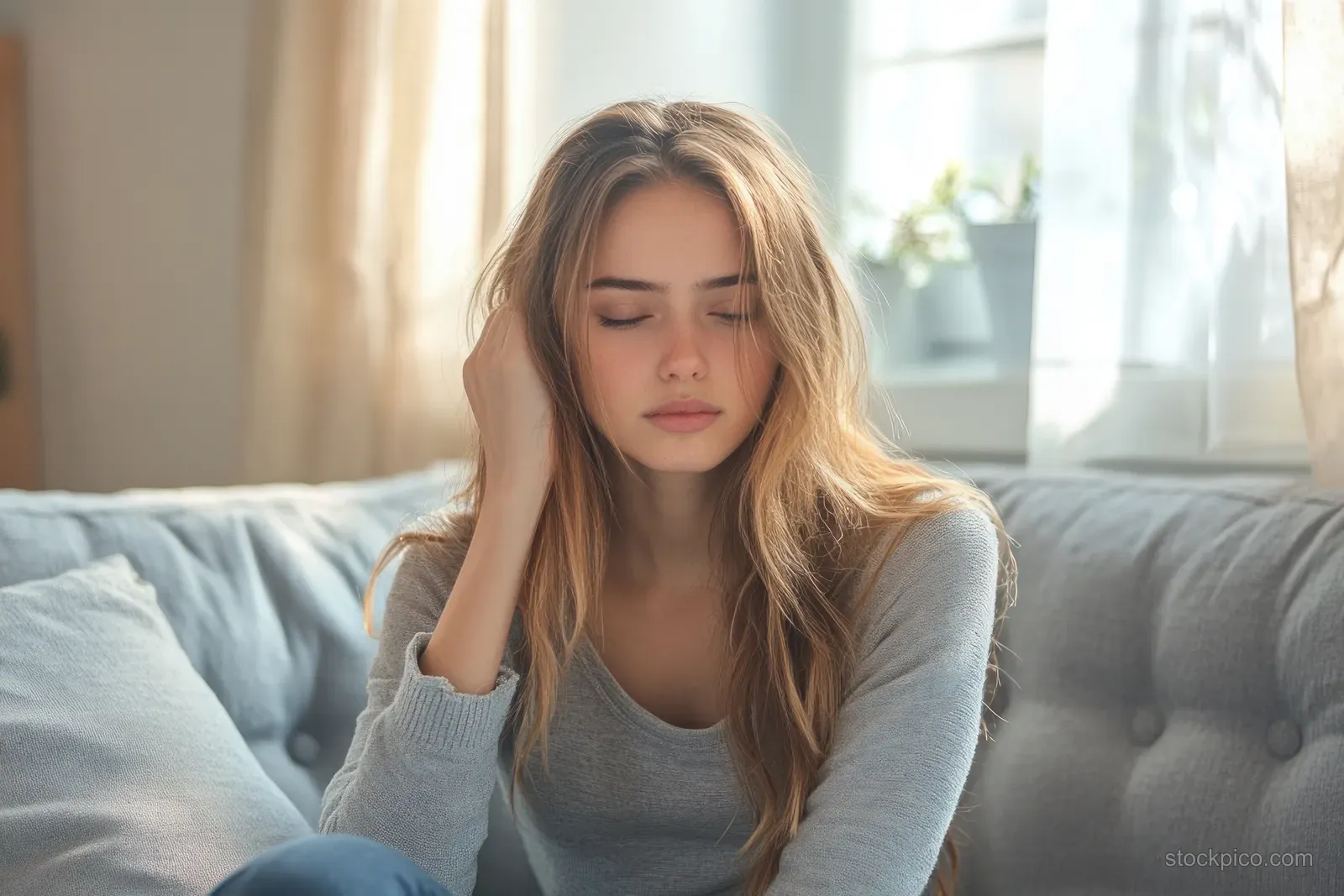 Lonely woman sits on a couch holding her head while looking down in soft daylight through curtains.
