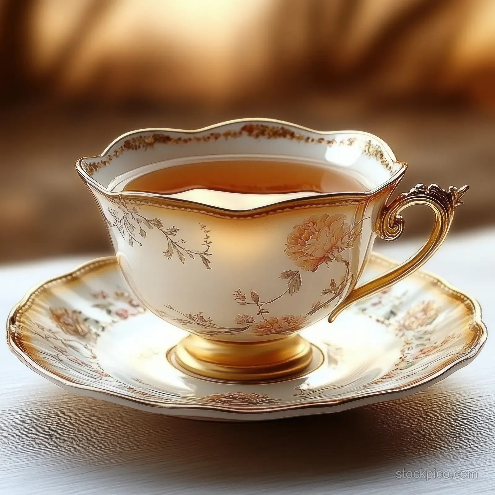 Porcelain teacup with floral trim filled with tea resting on a matching saucer in warm soft light.