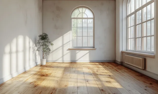 Sunlit minimalist living room with white walls, wooden floor, arched window, and potted plant near the corner.