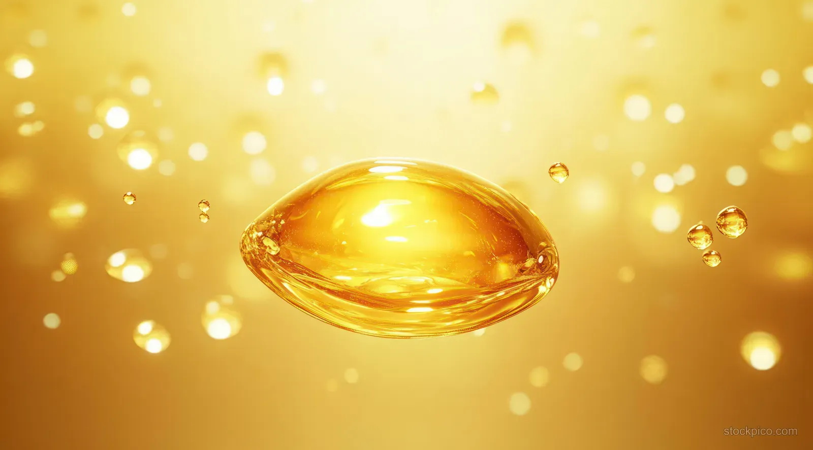 A golden serum droplet floats over warm bokeh lights on a soft glowing background.