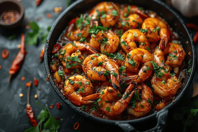 Sizzling spicy shrimp in a black pot with red chili peppers and chopped herbs