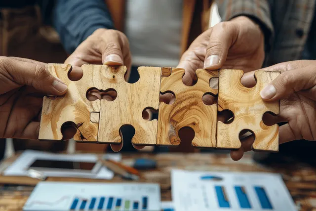 Hands assembling wooden jigsaw pieces on a business desk, signaling teamwork and unity