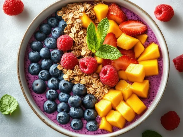 Purple smoothie bowl topped with blueberries, raspberries, mango, strawberries, granola, and a mint sprig on a light surface.