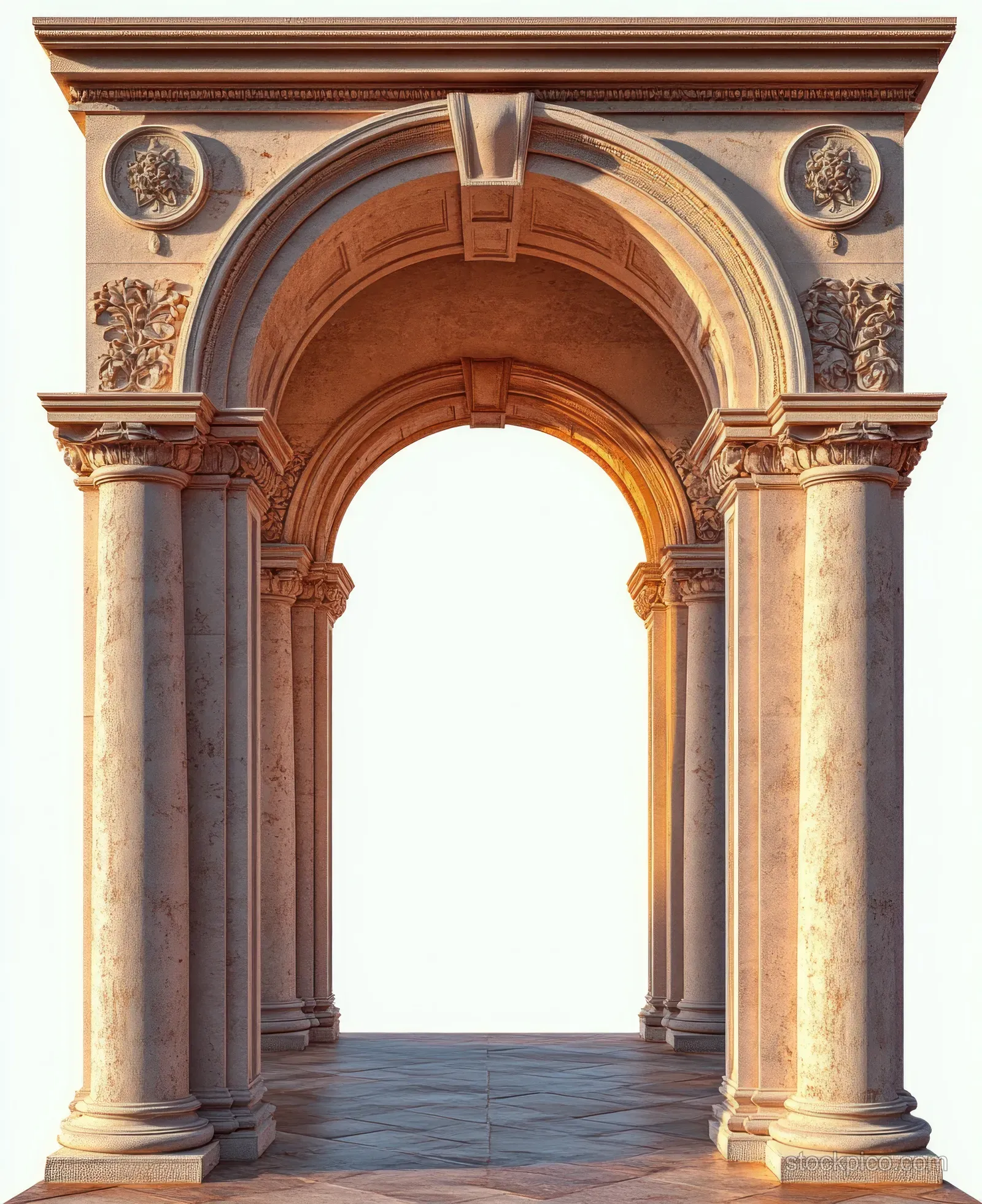 Classical stone archway with fluted columns and carved floral details lit by warm sunlight.