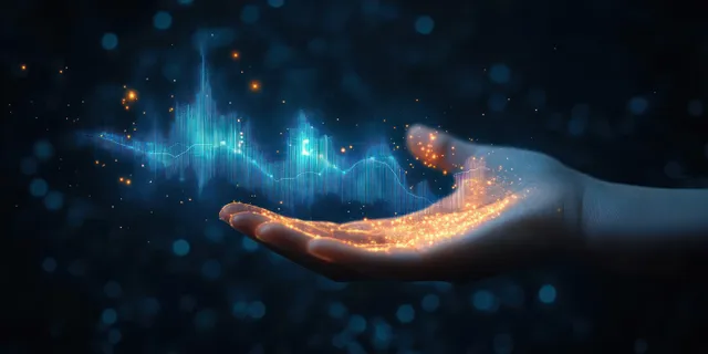 Hand holding glowing financial growth chart with data particles over dark business background