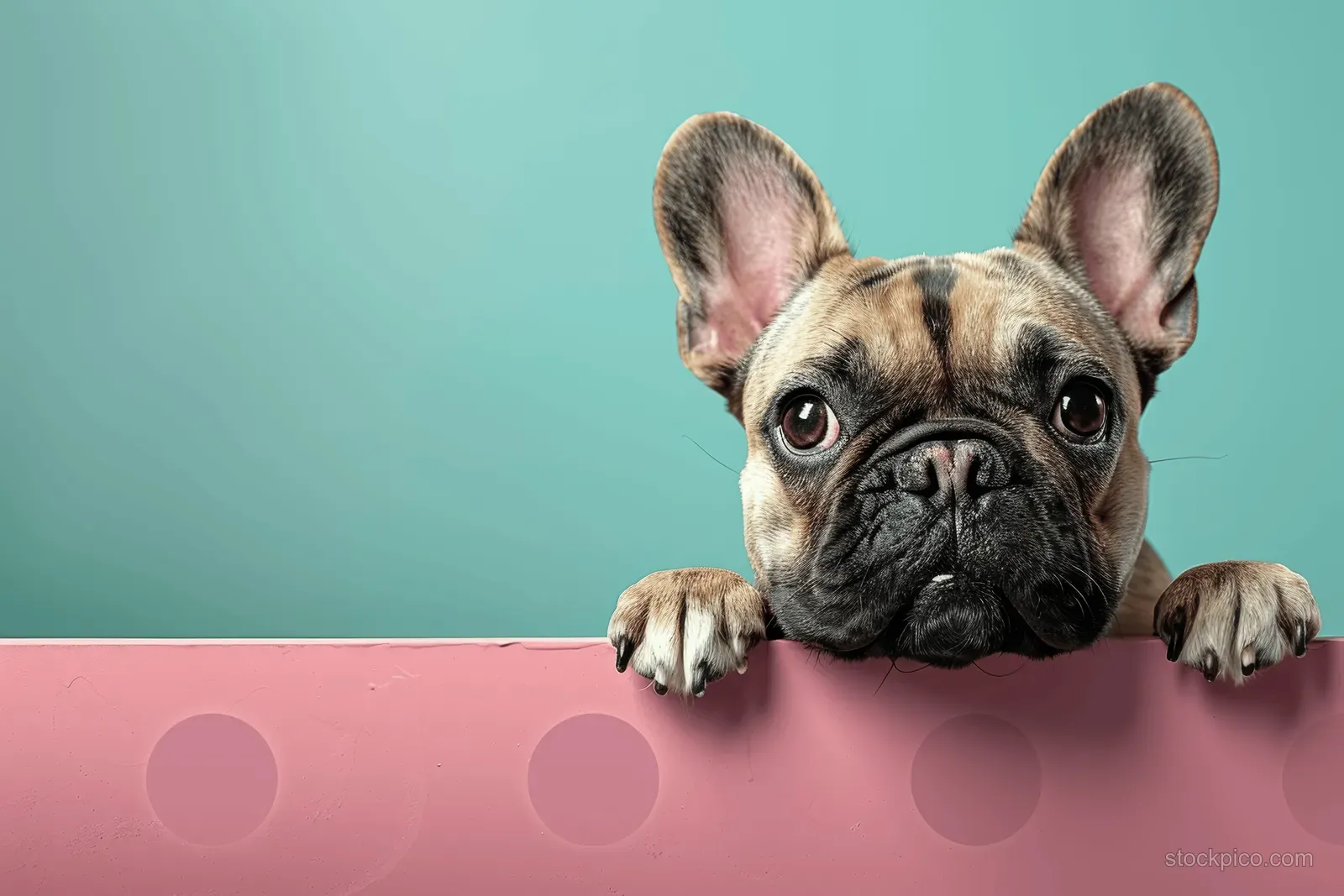 A French bulldog peeks over a pastel pink billboard with paws on top against a teal background.