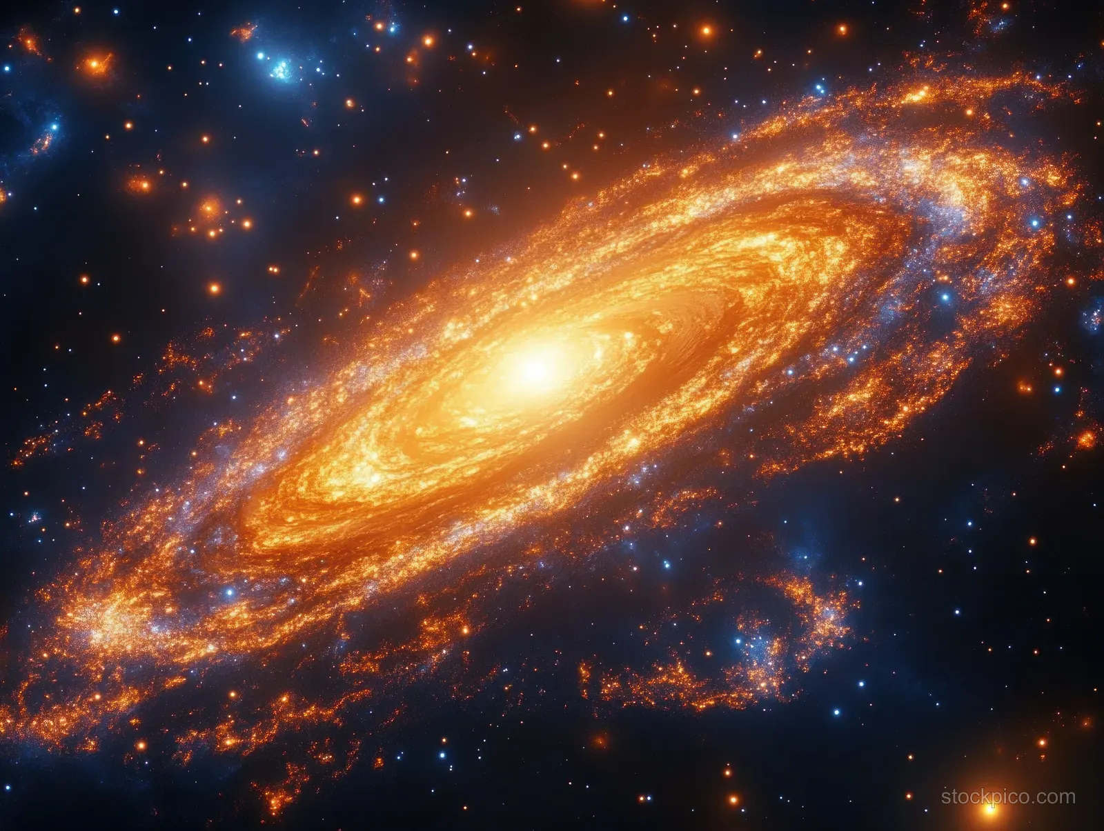 Golden spiral galaxy with a bright core and swirling cosmic dust, surrounded by blue and orange stars in deep space.