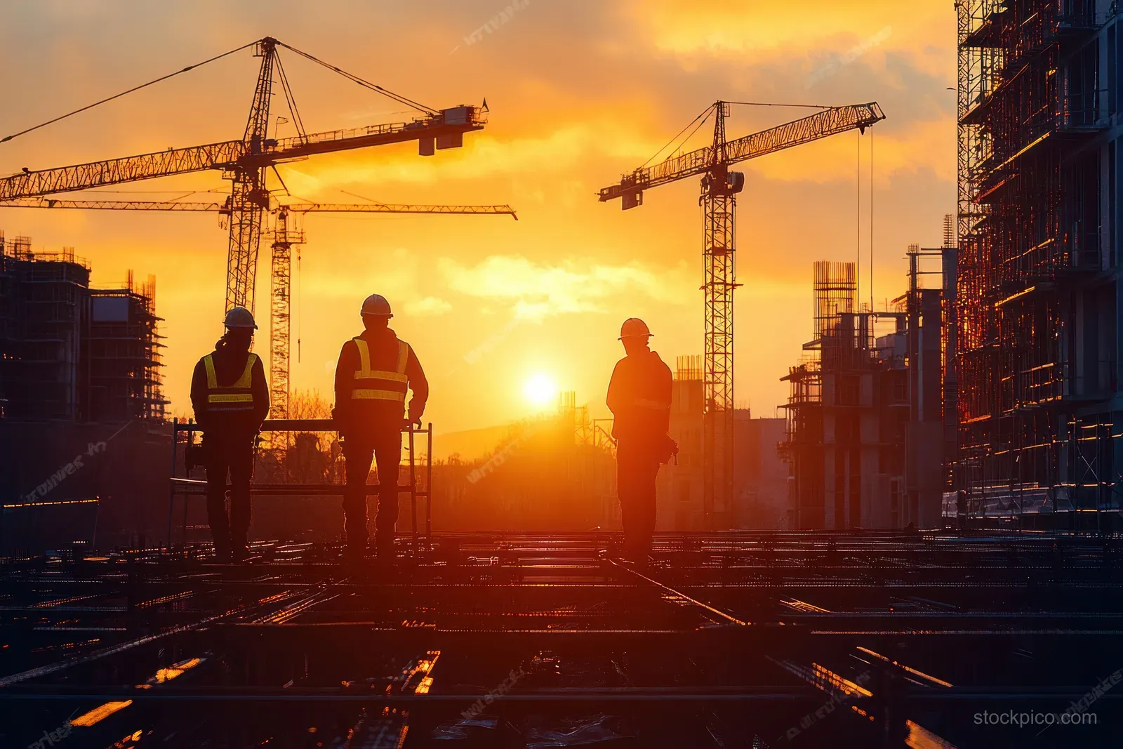Silhouetted construction workers on scaffolding at a building site with cranes during sunset.