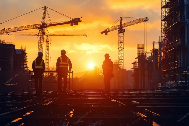 Silhouetted construction workers on scaffolding at a building site with cranes during sunset.